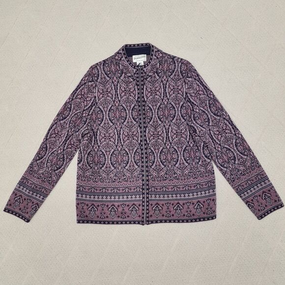 Pendleton Wool Sweater Women's MEDIUM 100% Merino Full Zip Mock Neck Graphic - Picture 1 of 6